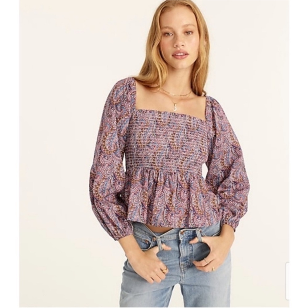 J. Crew Liberty Fabric Puff-Sleeve Smocked Top in Tropical Prince Print